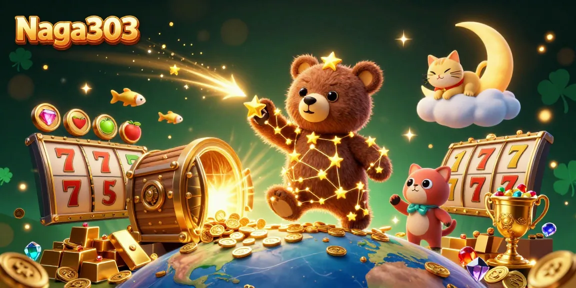 Naga303's exciting slot games featuring a constellation bear and treasures under a night sky.