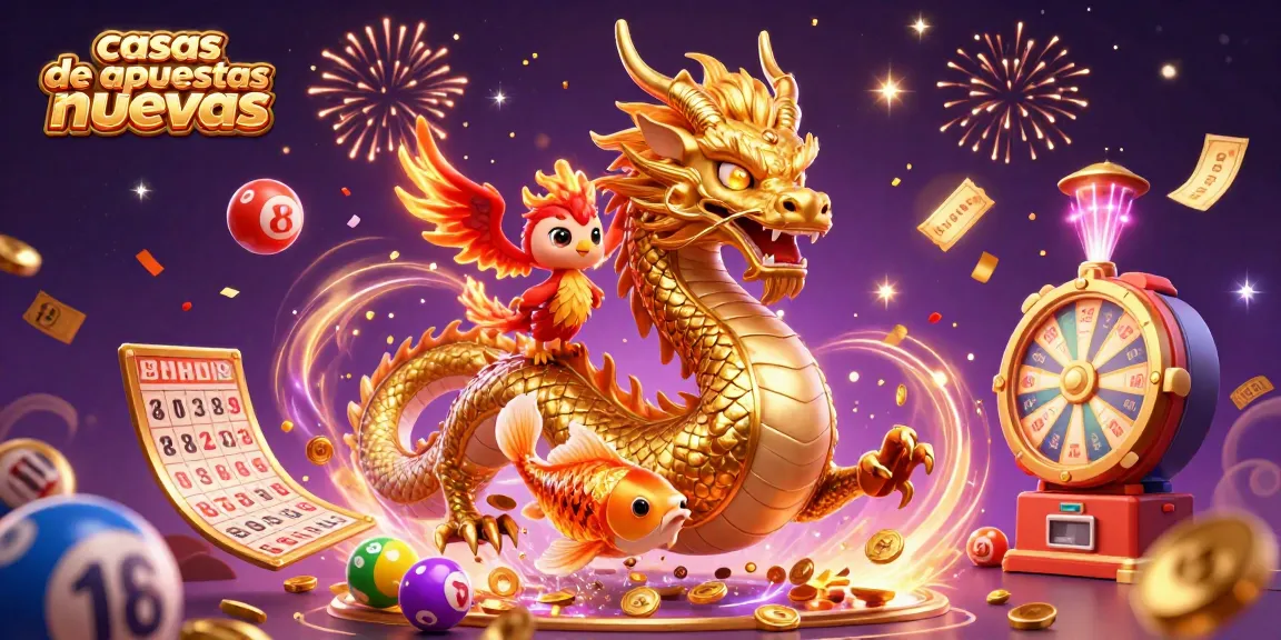 Disfruta de las casas de apuestas nuevas con esta ilustración vibrante y dinámica de un dragón dorado y elementos de juego.