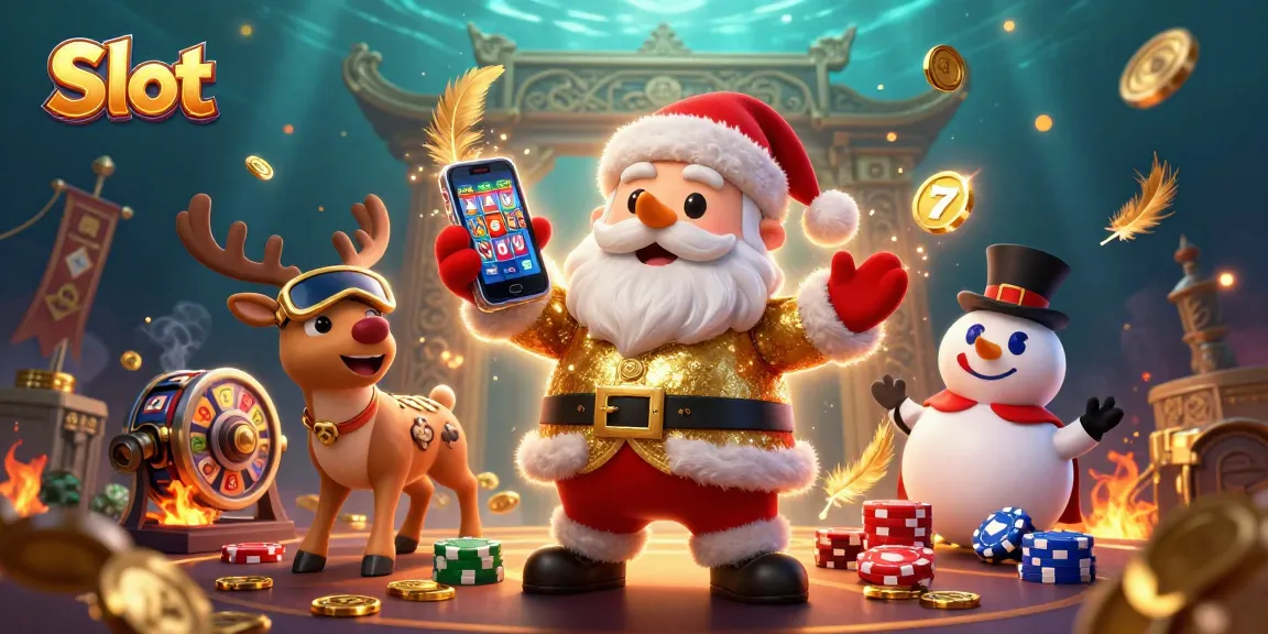 Spin slots with Santa Claus and friends in this vibrant casino 3D illustration.