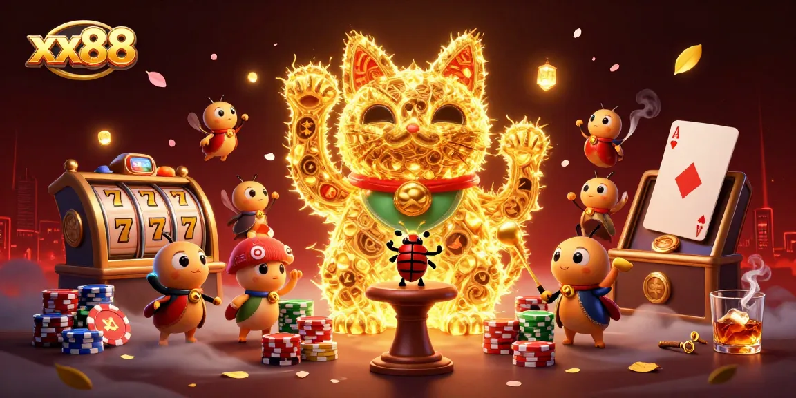Win big with xx88 in this vibrant slot-inspired 3D illustration featuring a lucky cat and dynamic casino elements.