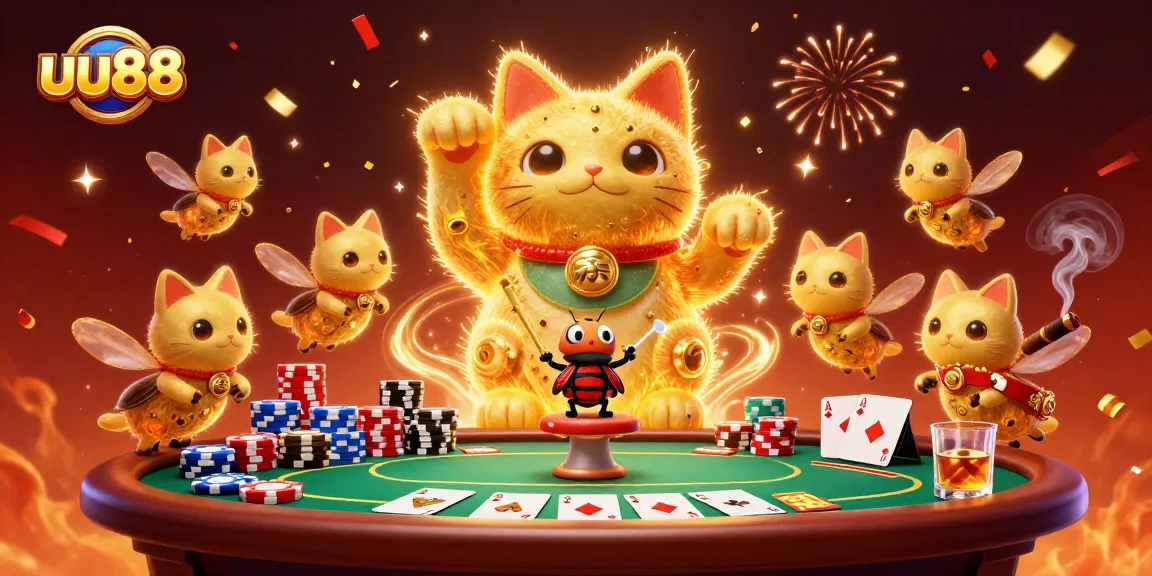 Engage with the excitement of uu88 in a vibrant casino scene filled with lively characters and gaming elements.