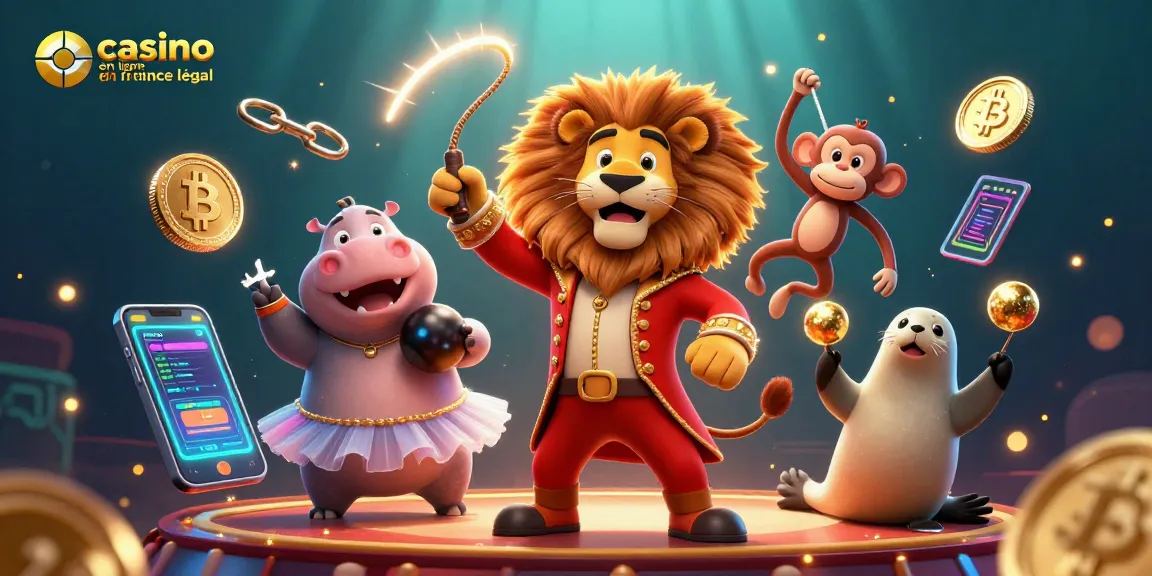 Visuel dynamique de casino en ligne légaux en France avec des personnages cartoon et des éléments de jeu numérique étincelants.