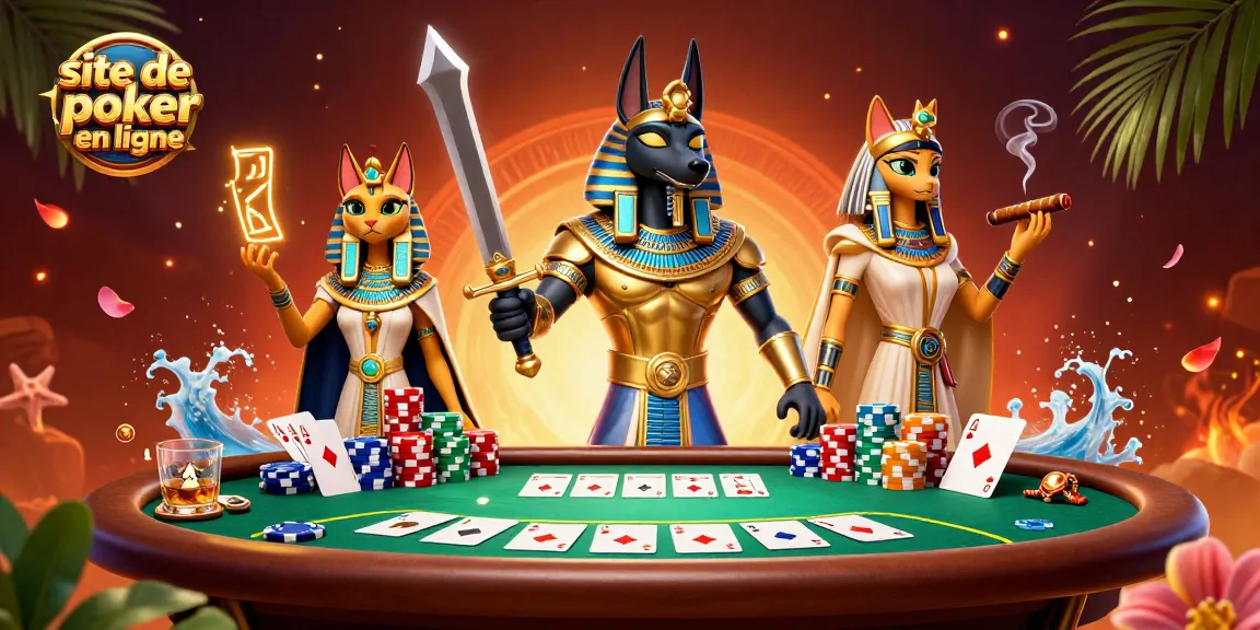 Jouer sur un site de poker en ligne avec un Anubis dessiné à la 3D et des jetons colorés.
