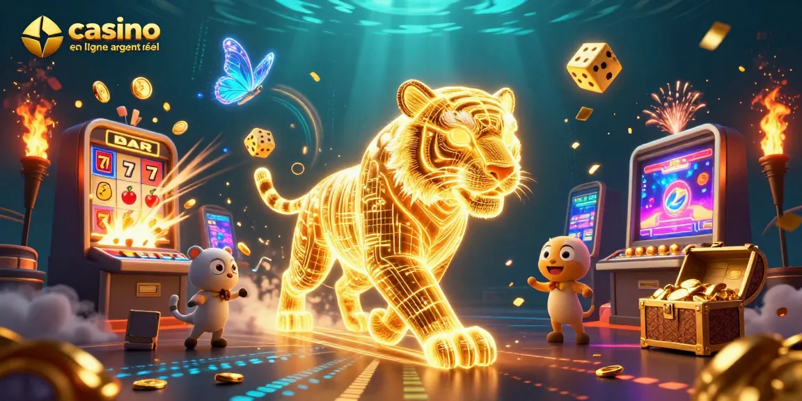 Jouez sur un casino en ligne argent réel avec des machines à sous animées et un tigre doré.