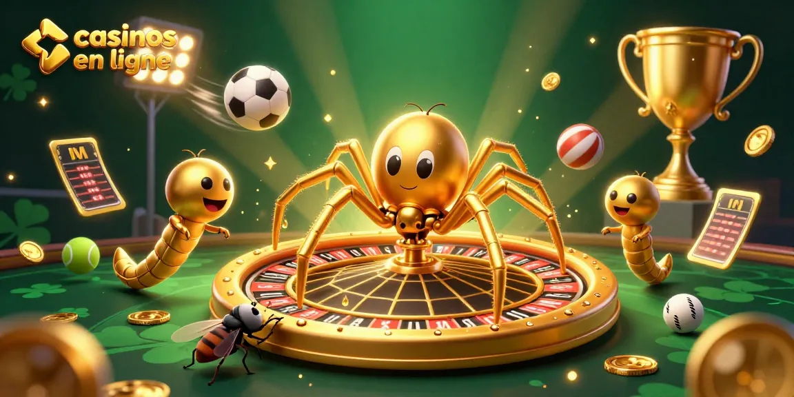 Jouez sur les casinos en ligne avec une aventure dynamique illustrée par une araignée dorée et un croupier centipède.