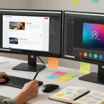 Designer capturing a screenshot using 截图软件 Snipaste, demonstrating a vibrant workspace with dual monitors and creative tools.