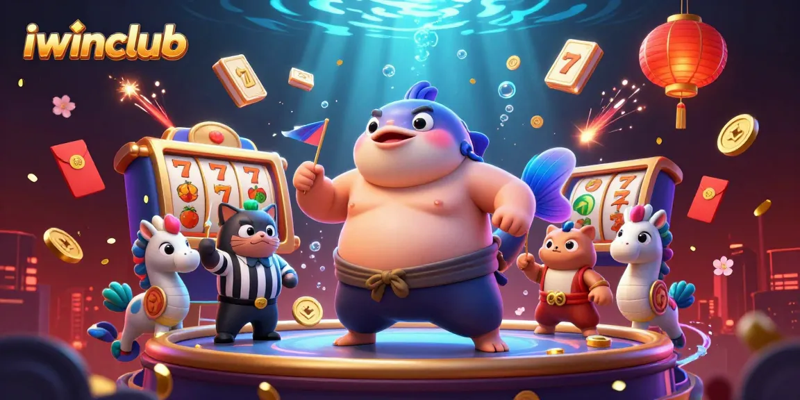 Win big at iwinclub with vibrant casino games including slots, card tables, and festive decorations.