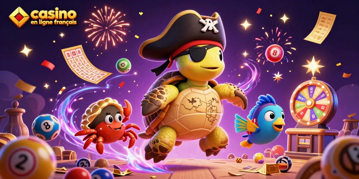 Jouer au casino en ligne français avec une tortue pirate et des éléments de jeu colorés au milieu d'une fête magique.