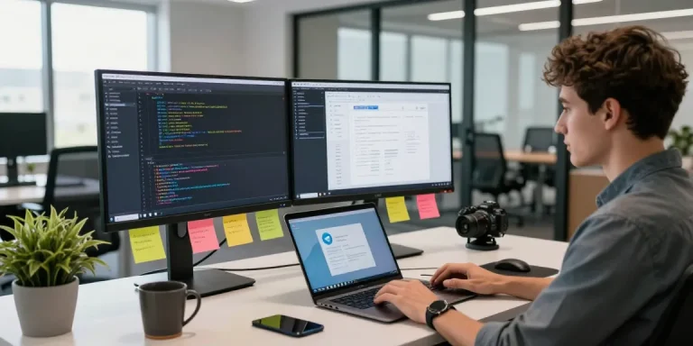 Developer working at a tech workspace showcasing 纸飞机官网 app on screens.
