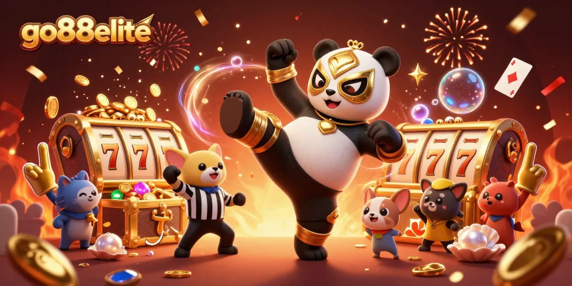 Experience thrilling gameplay at go88elite with a vibrant scene featuring a wrestling panda among cheering animal spectators.