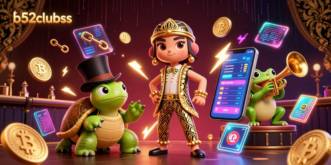 Play exciting games and win at b52clubss, featuring vibrant 3D characters and crypto elements.