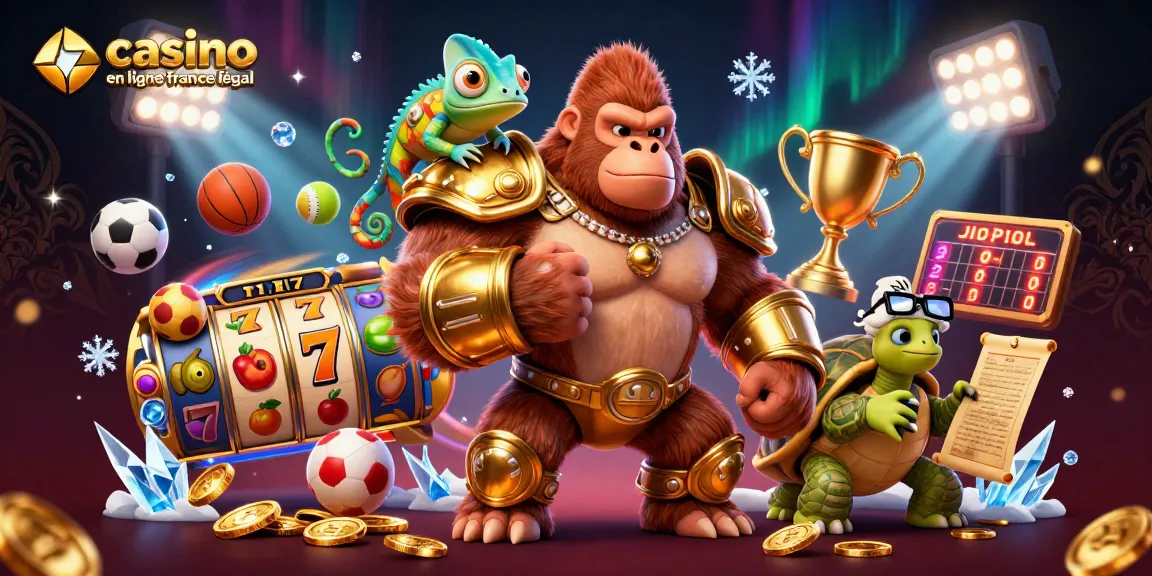 Image dynamique de casino en ligne légal en France avec un gorille roi et un caméléon sur l'épaule, autour de jeux et trophées.