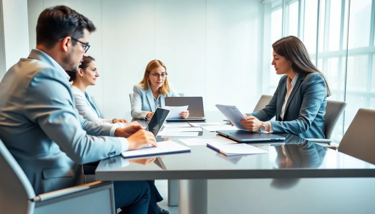 Consultants discussing registration and certification in Federal databases for federal contracts in a modern office.