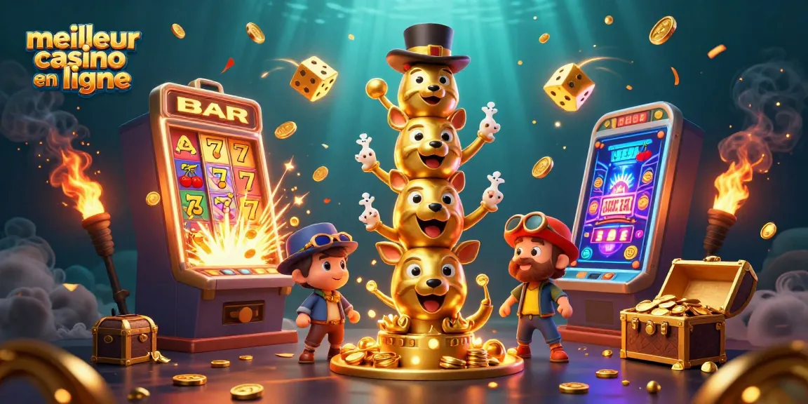 Visualiser le meilleur casino en ligne avec un totem doré et des symboles de jeu explosifs dans une illustration animée.