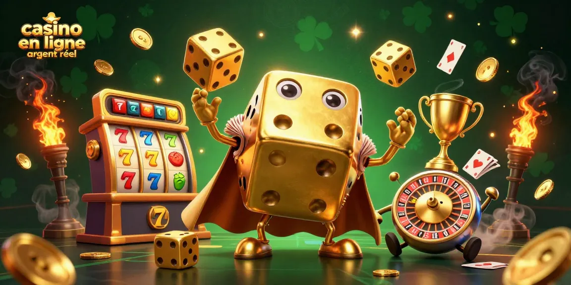 Jouer dans un casino en ligne argent réel avec un golem de dés dorés et des éléments de jeux de casino.