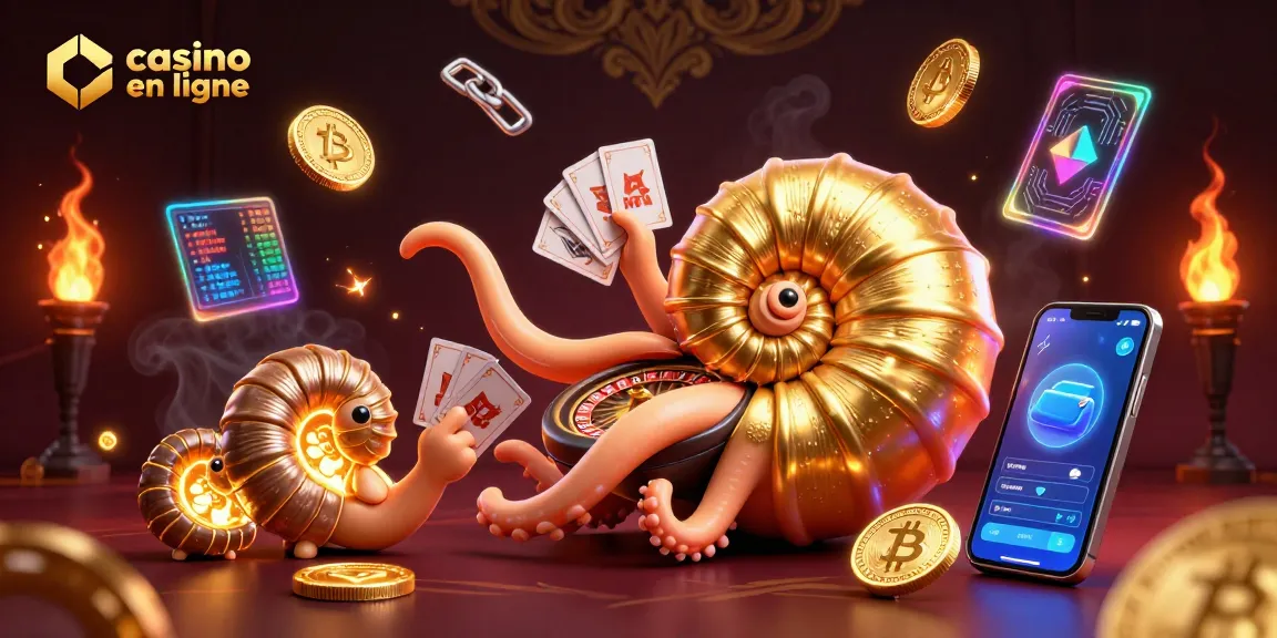 Jouez sur le casino en ligne avec une scène dynamique incluant un Nautile géant et des éléments cryptographiques.