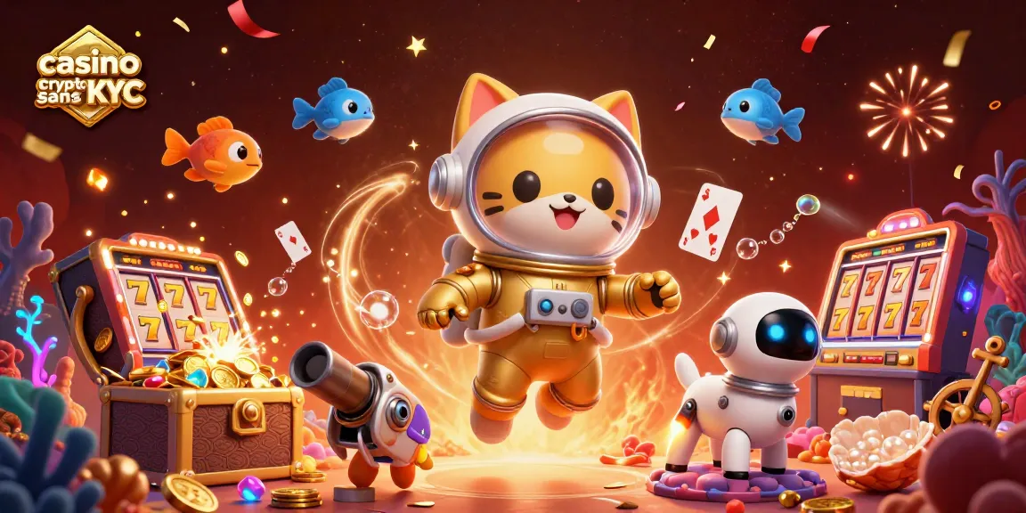 Illustration du casino crypto sans KYC avec un chat astronaute dans l'espace jouant aux machines à sous