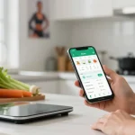 Individual using the best macro tracker app in a modern kitchen while preparing healthy meals with fresh ingredients.