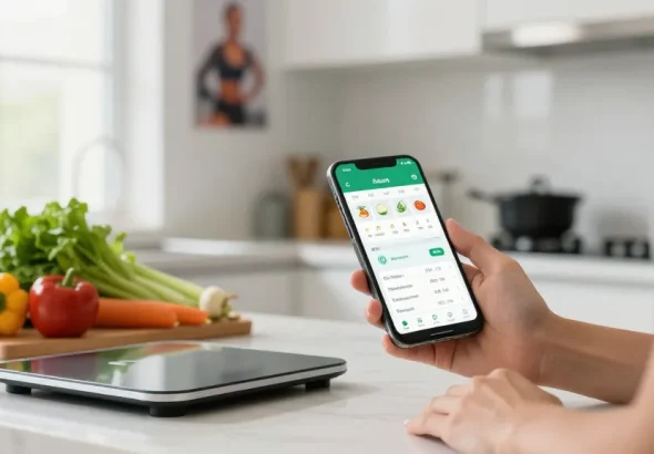 Individual using the best macro tracker app in a modern kitchen while preparing healthy meals with fresh ingredients.