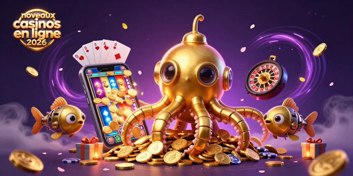 Vivez l'expérience des nouveaux casinos en ligne 2026 avec un kraken doré plongeant dans des pièces d'or.