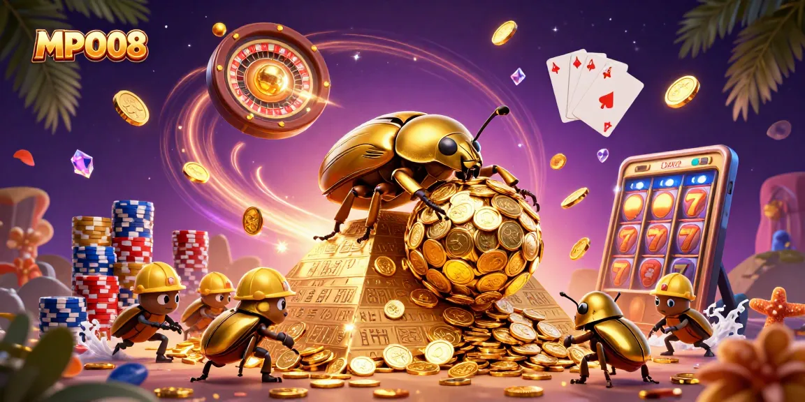 MPO08 offers thrilling online slot experiences with exciting golden beetles rolling in coins.