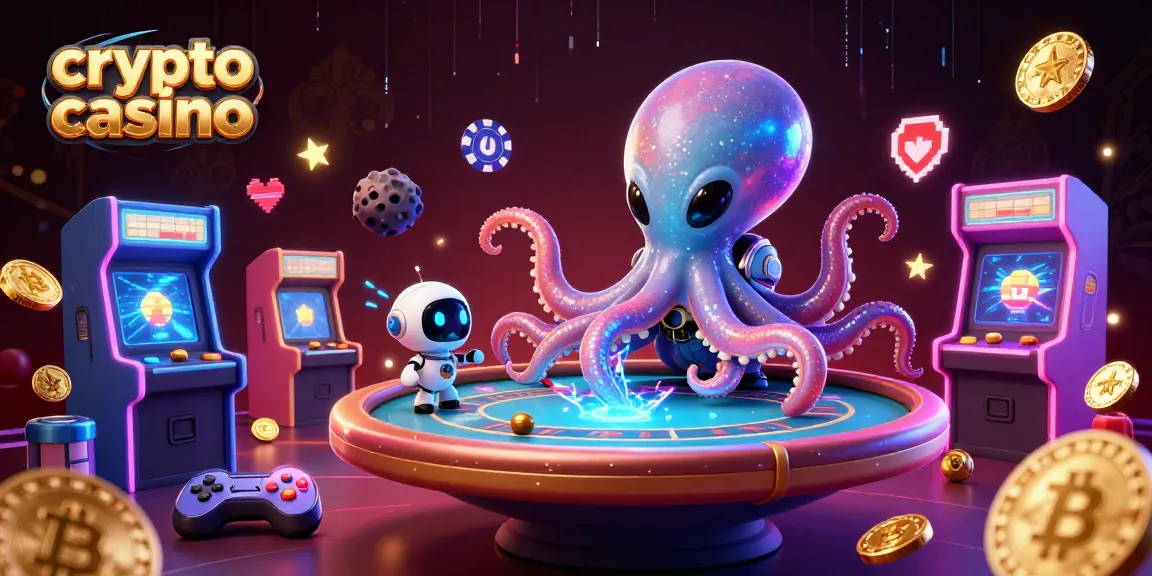Profitez d'une expérience immersive de crypto casino avec un poulpe extraterrestre et des jetons tournoyants.