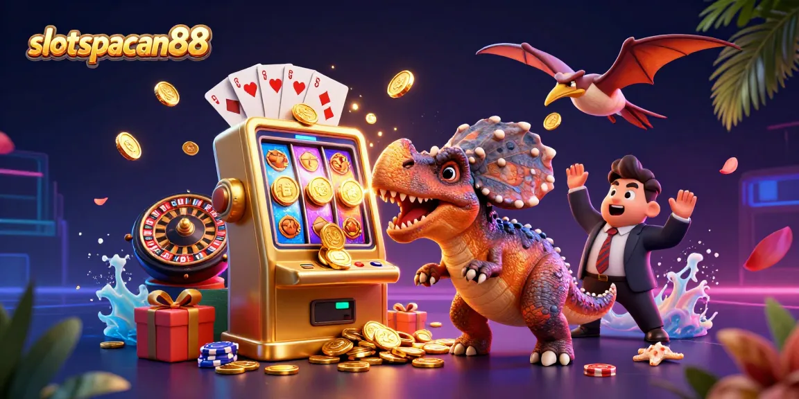 Experience the thrill of slot spaceman88 with a cartoon pachycephalosaurus hitting a golden slot machine, coins raining down.