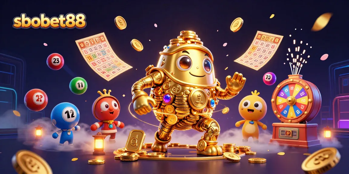 Engage with sbobet88's vibrant gaming scene, featuring a golden golem and lively lottery elements.