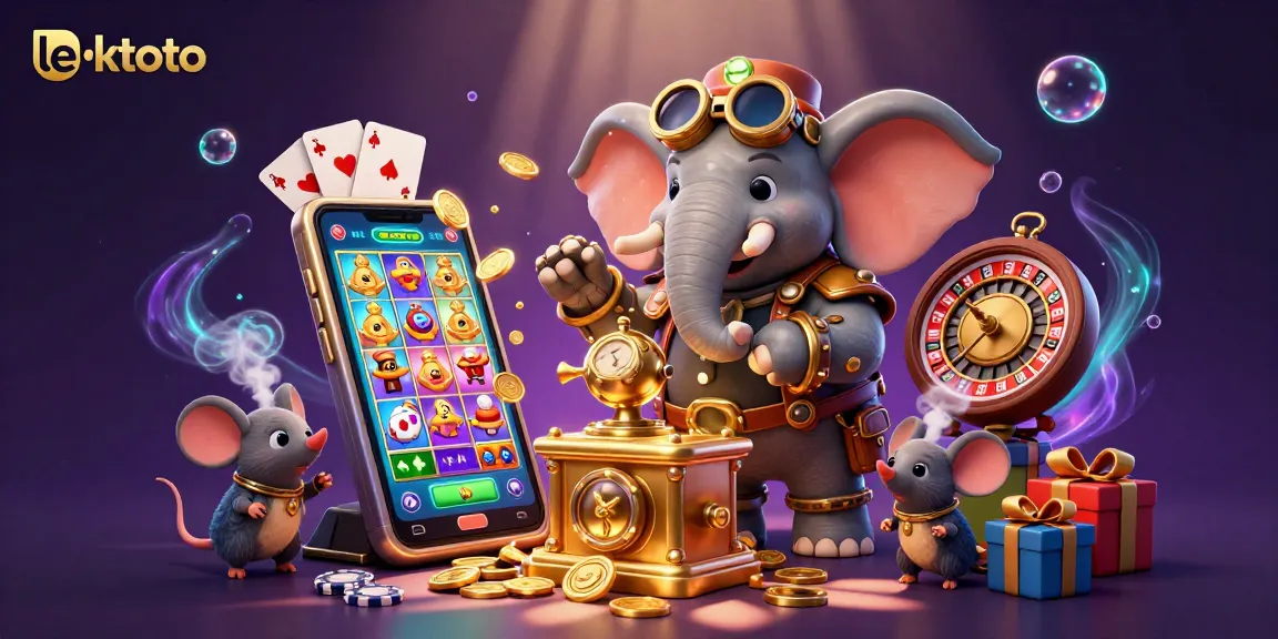 Spin the reels with lektoto as a steampunk elephant operates a golden slot machine in a lively casino scene.