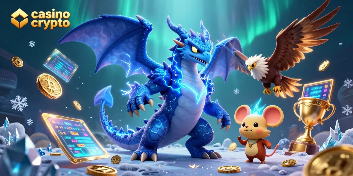 Illustration dynamique de casino crypto avec dragon, faucon et souris dans une scène vibrante.