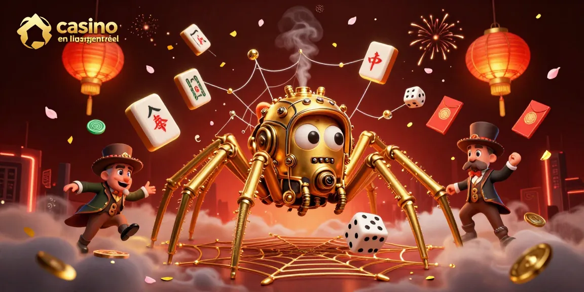 Illustration dynamique d'une araignée steampunk dorée symbolisant le casino en ligne argent réel, entourée de jeux de casino colorés.