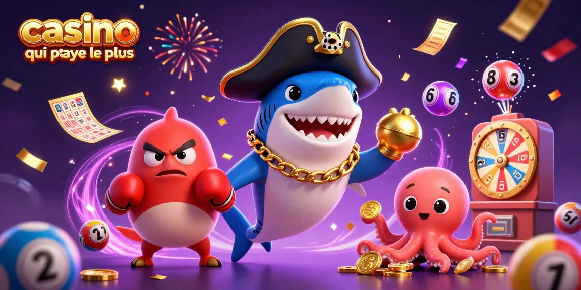 Casino en ligne qui paye le plus, illustration dynamique avec un requin pirate et des planches de loterie.