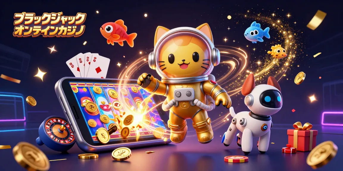 ブラックジャック オンラインカジノの宇宙で浮かぶ猫とロボット犬がスロットゲームを楽しむイラスト