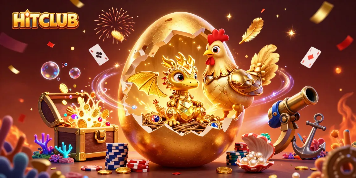 Engage with HITCLUB's vibrant 3D scene showcasing a golden baby dragon amidst poker chips, celebrating casino fun.