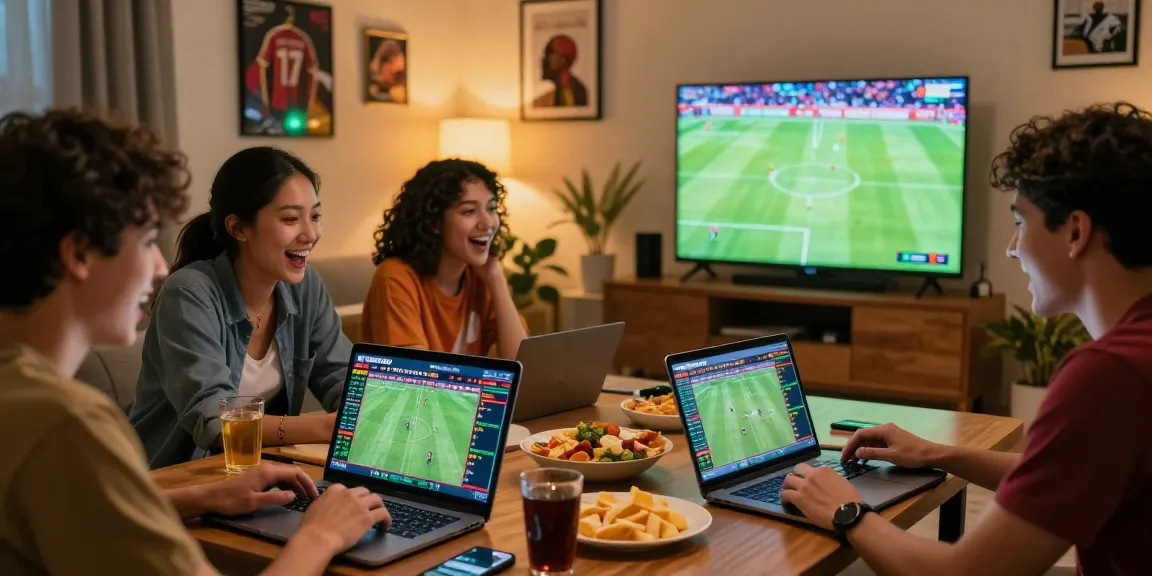 SBOBET judi bola: Friends enjoying online football betting with live odds in a cozy living room.
