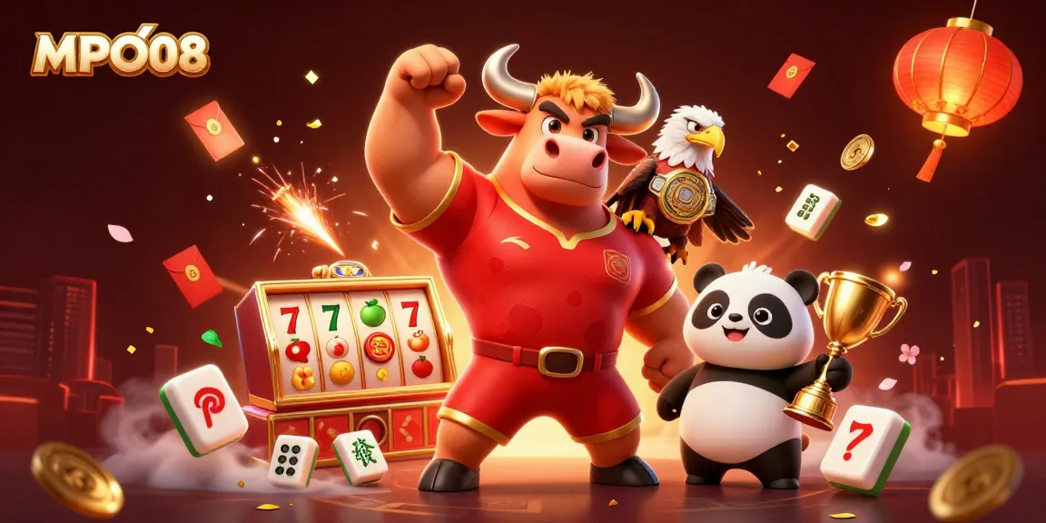 MPO08 highlights thrilling jackpot wins in a vibrant casino scene featuring playful characters and dynamic gaming elements.