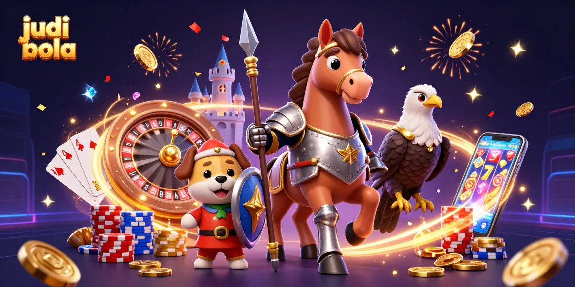 Experience thrilling judi bola action with knight, squire, and falcon amid vibrant casino elements.