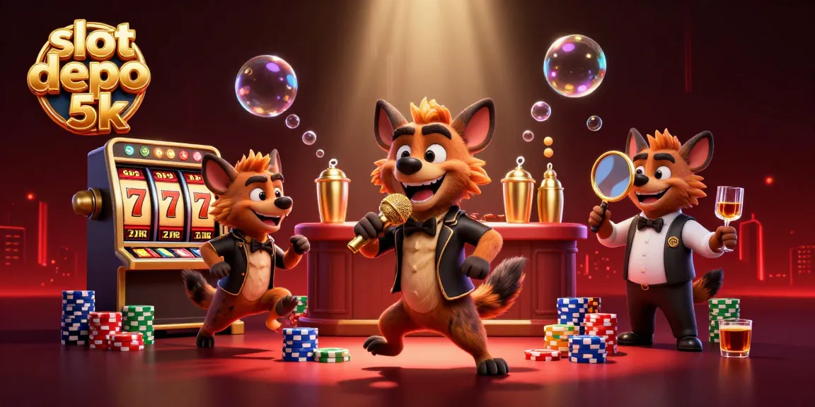 Enjoy thrilling slot games at slot depo 5k, surrounded by a lively casino atmosphere with hyenas in action.