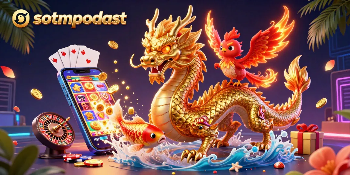 Gambarkan momen menarik di sotmpodcast dengan naga emas, phoenix merah, dan ikan koi beruntung.