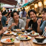 Friends enjoying Asian cuisine at https://hanadultalk.com gathering with laughter in vibrant street market.