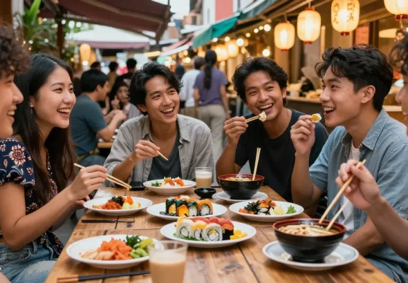 Friends enjoying Asian cuisine at https://hanadultalk.com gathering with laughter in vibrant street market.
