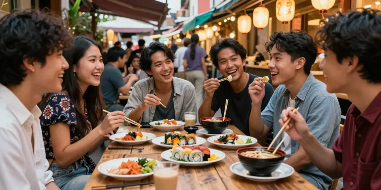 Friends enjoying Asian cuisine at https://hanadultalk.com gathering with laughter in vibrant street market.